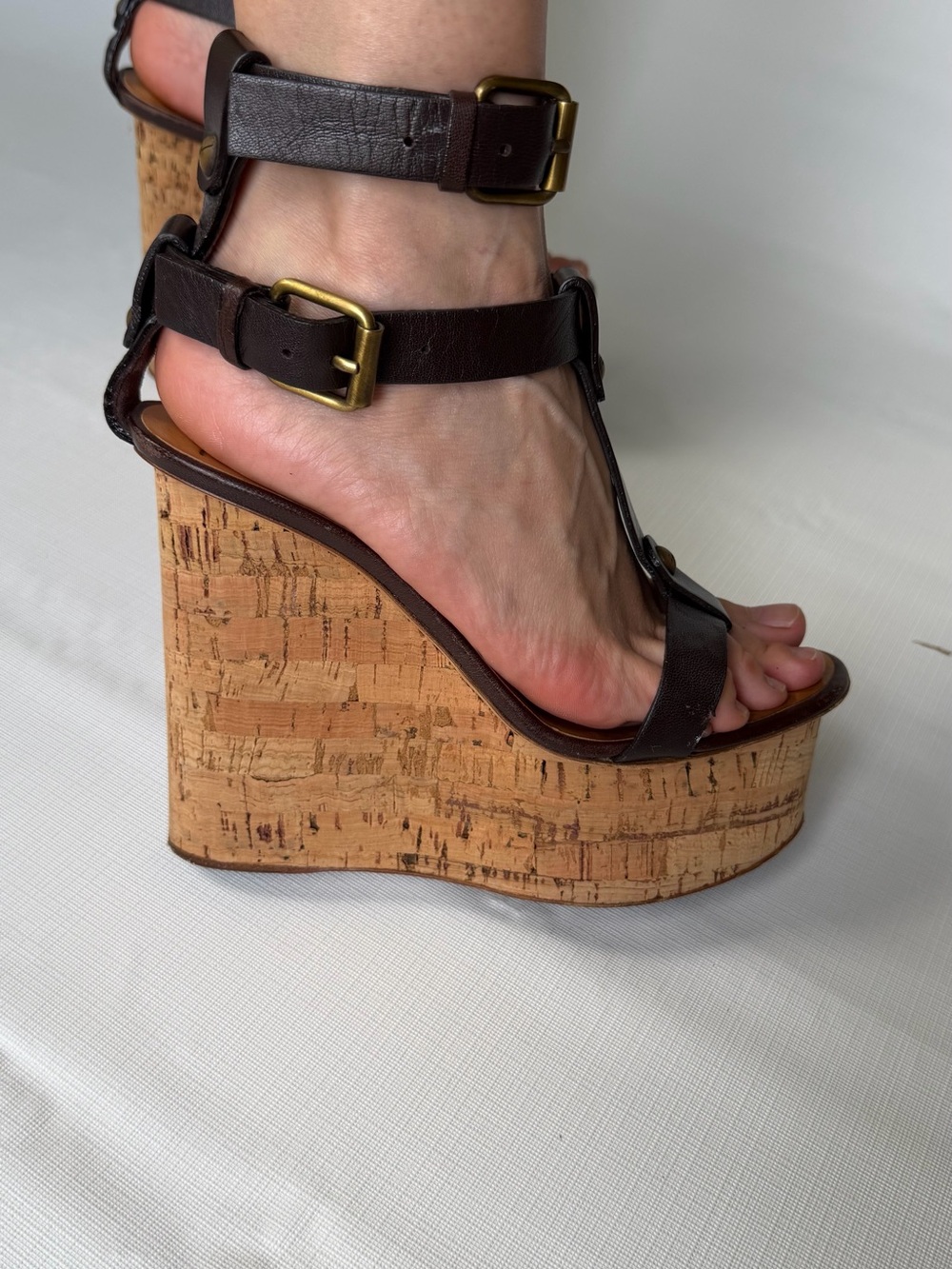 Giuseppe Zanotti Brown Leather Cork Gladiator Wedges US 8